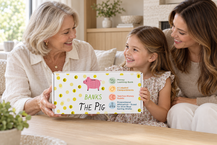 A grandparent sharing the boxed Banks the Pig money bank with a child and parent