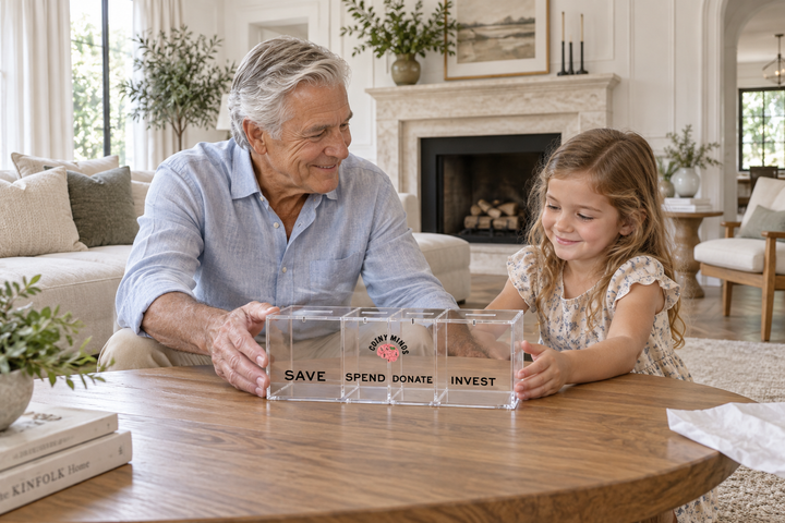 A grandparent giving a child the clear acrylic money bank in a bright family room