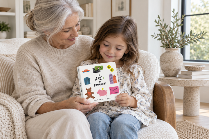 A grandmother and child sharing The ABC$ of Finance in a bright, beautifully furnished reading room