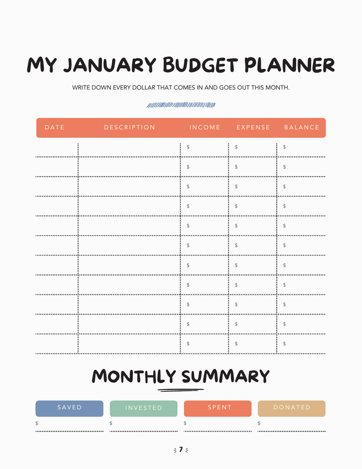Original My January Budget Planner page with income, expense, balance and monthly summary fields