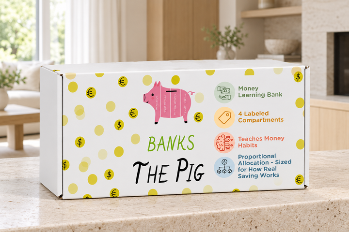 Banks the Pig printed product box on a stone surface in a bright home