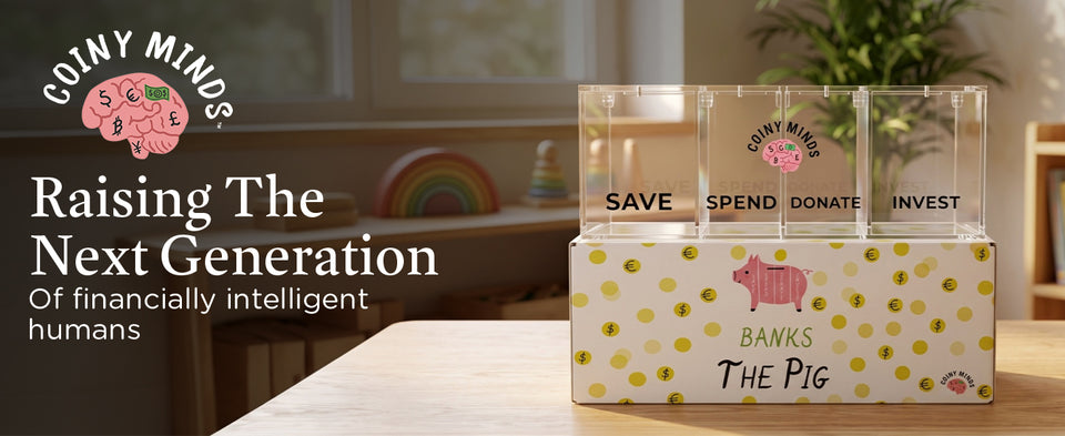 Coiny Minds mission banner: the clear Save, Spend, Donate and Invest bank on its printed Banks the Pig box in a sunlit home