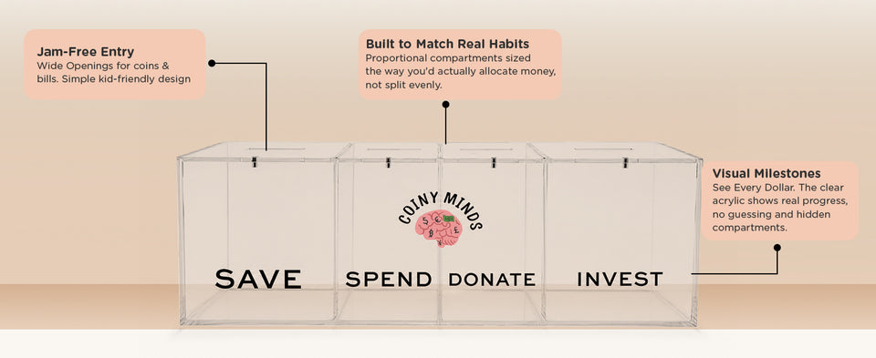 Original bank feature banner identifying coin and bill slots, clear acrylic and the wider Save and Invest compartments around narrower Spend and Donate compartments