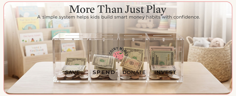Original More Than Play banner showing the four-compartment bank filled with money in a warm family room