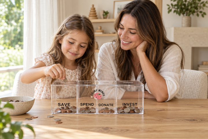 A mother and child sharing a money moment with the clear four-compartment Coiny Minds bank at a warm oak table