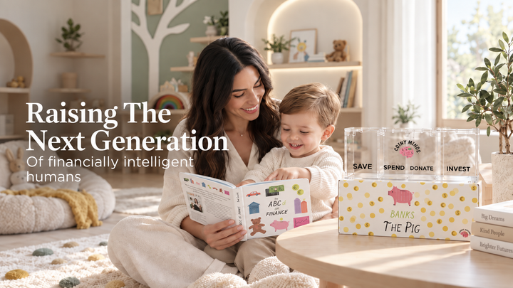 An adult and child read The ABC$ of Finance beside the clear acrylic Banks the Pig money bank and its printed gift box in a warm, naturally lit nursery. Raising the next generation of financially intelligent humans.