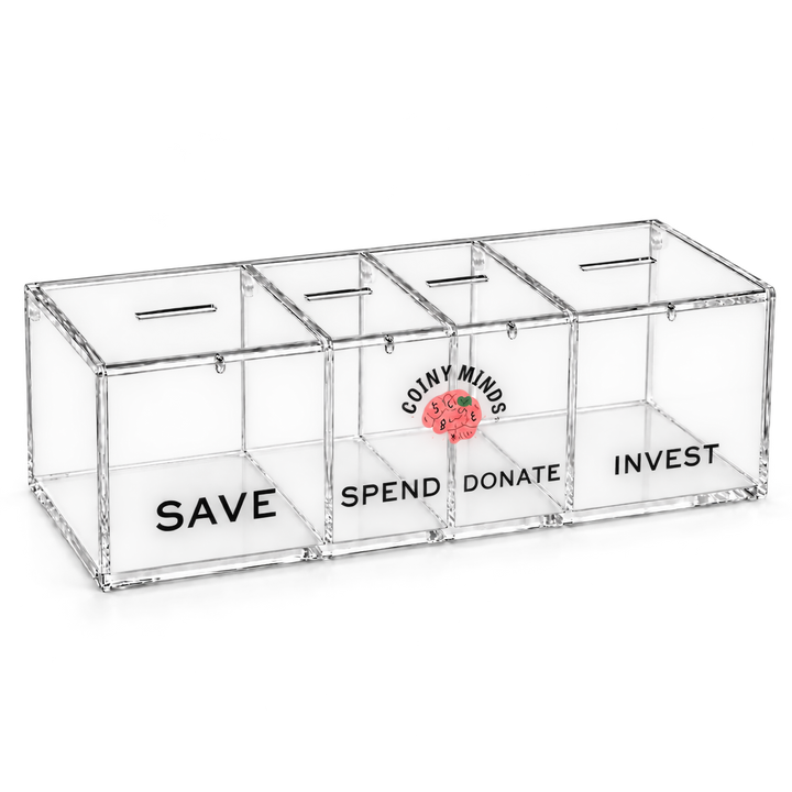 Banks the Pig — the clear acrylic bank with Save, Spend, Donate and Invest compartments.