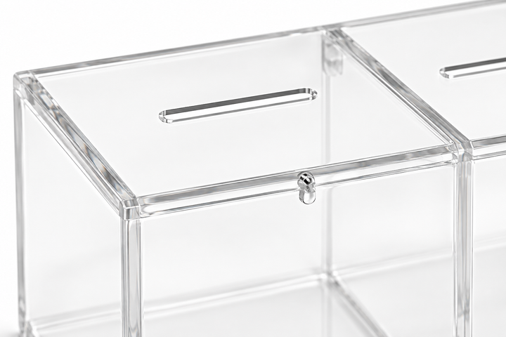 Close view of the clear acrylic bank panels, dividers and coin slots