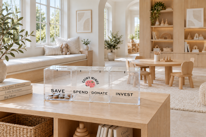 The four-compartment acrylic money bank in a thoughtfully arranged, sunlit family room