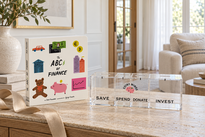 The board book and acrylic bank arranged together as gift inspiration in a finished home interior
